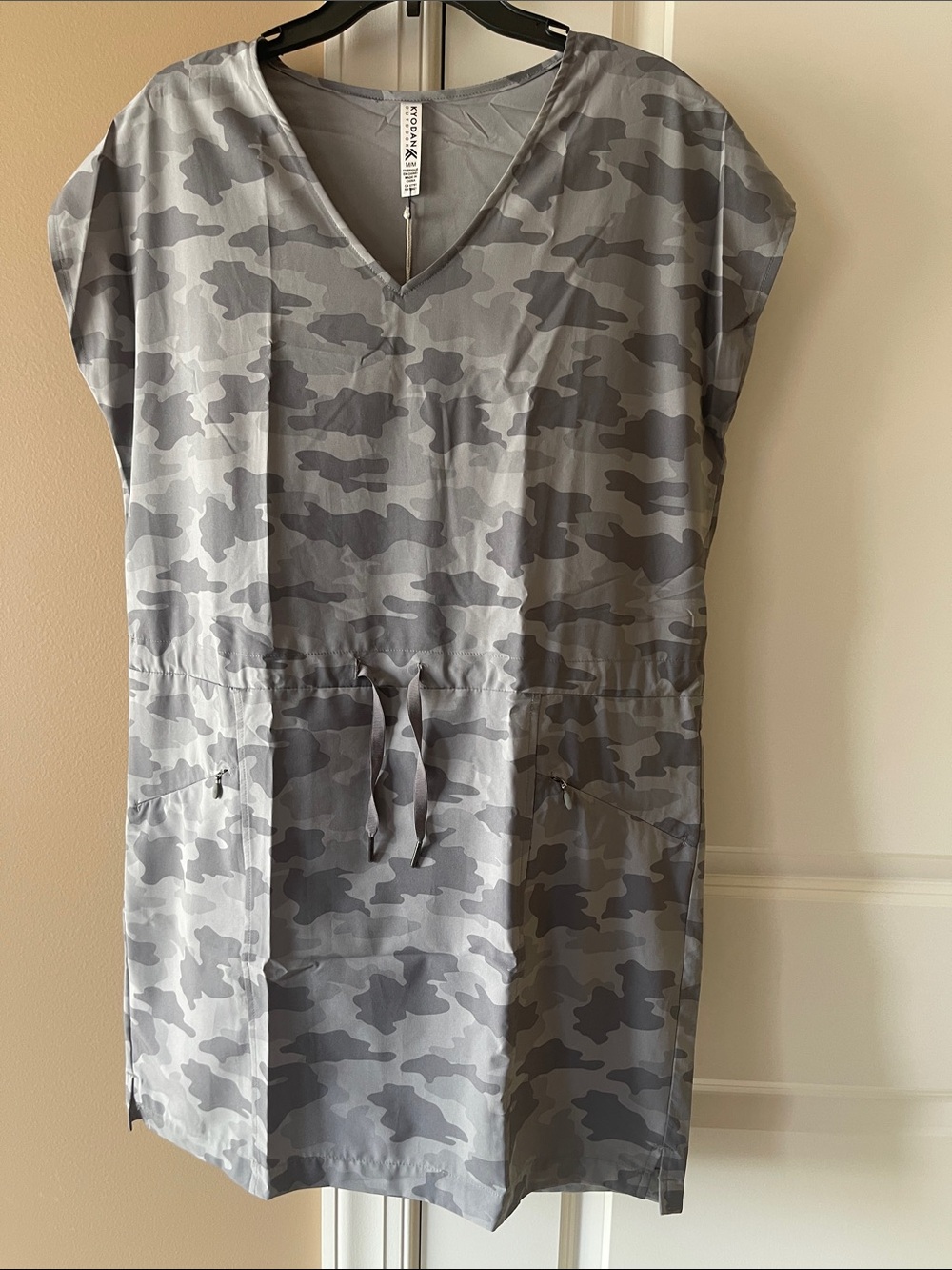 Kyodan Gray Camo V-Neck Drawstring Midi Dress